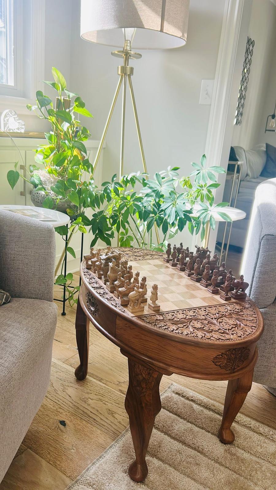 Handcrafted Walnut Wood Chess Table Carved Design