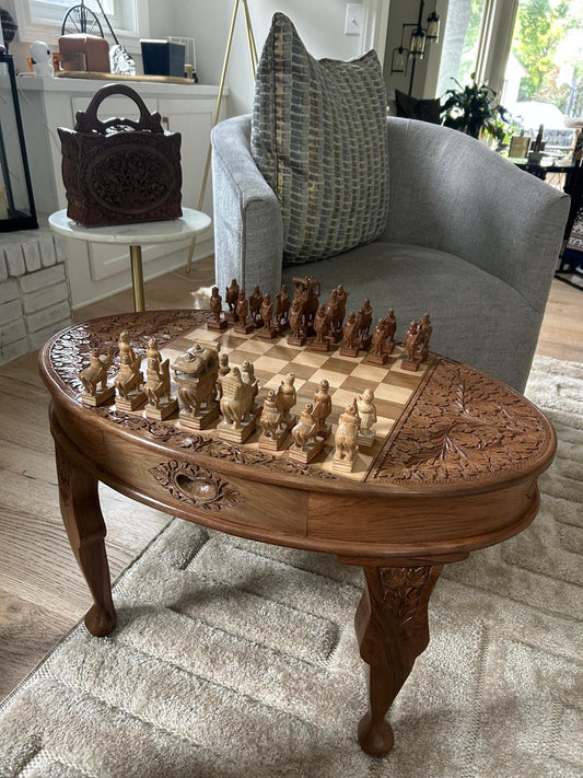 Handcrafted Walnut Wood Chess Table Carved Design