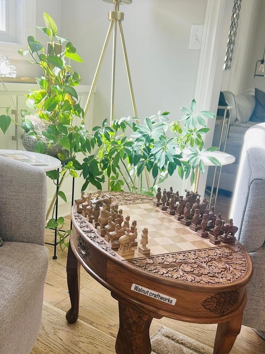 Handcrafted Walnut Wood Chess Table Carved Design