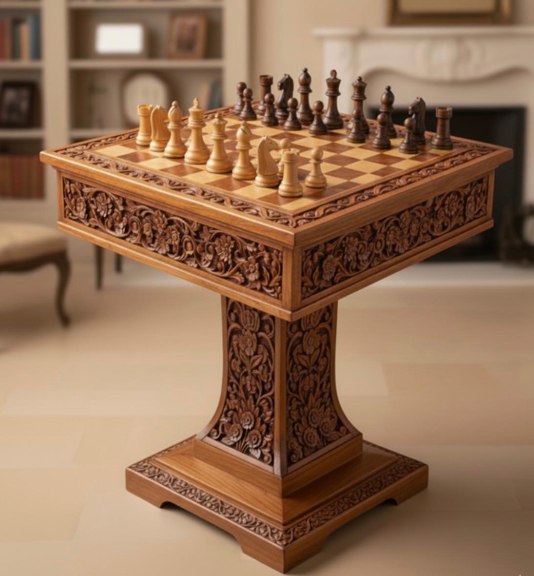 Handcrafted Walnut Wood Chess Table